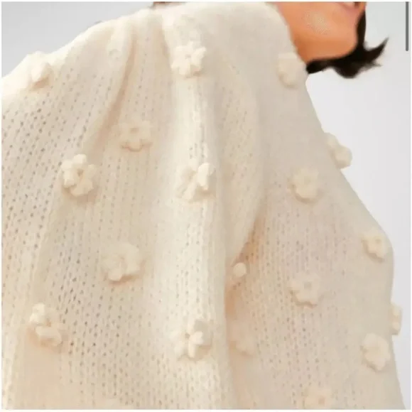 Farm Rio Floral Applique Lantern Sleeve Sweater Cream Mock Neck Trendy Sz S - Picture 2 of 16